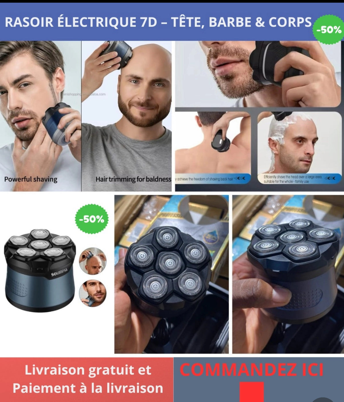 Tondeuse électrique 7 têtes — Rasage rapide pour hommes